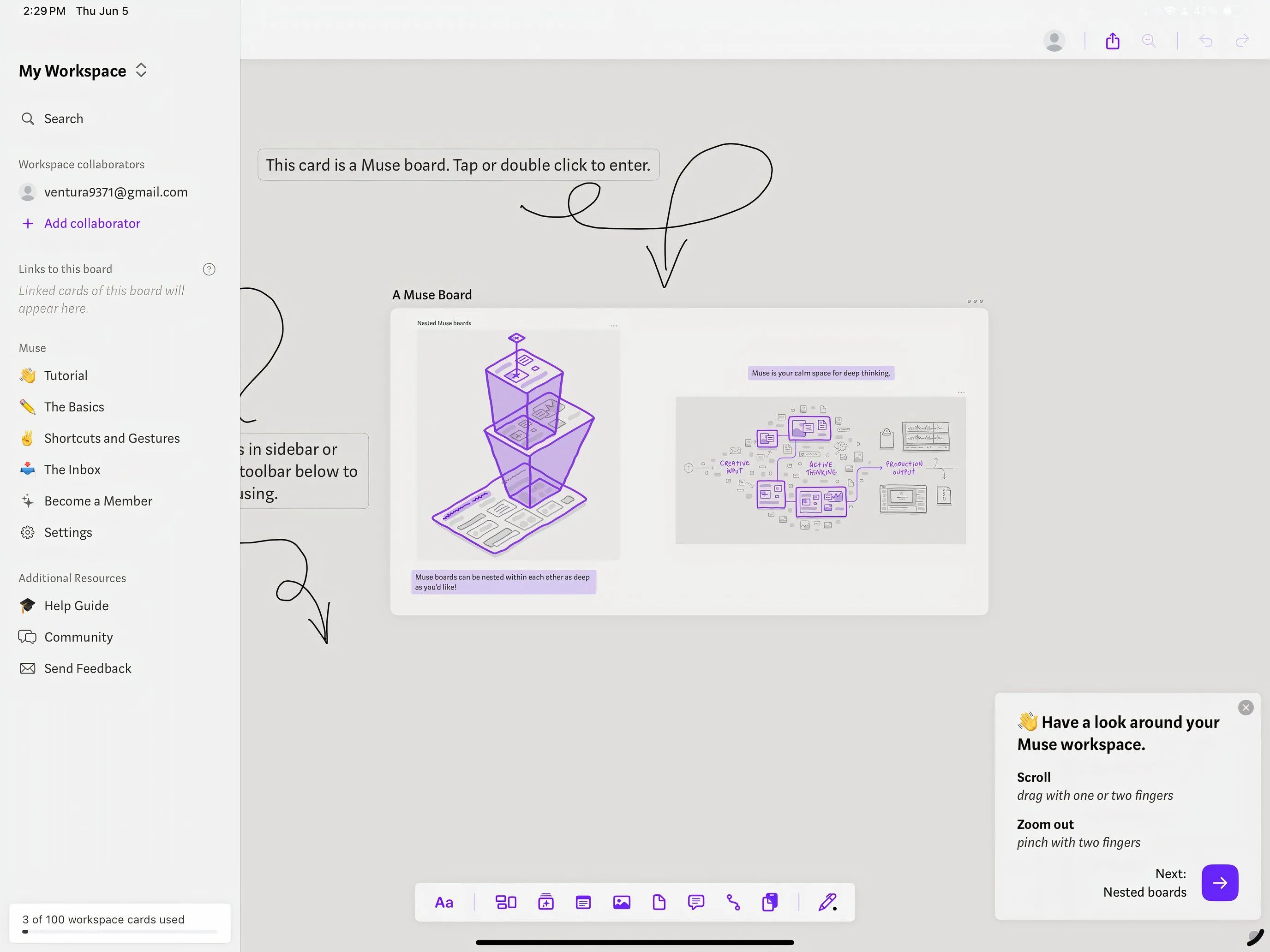 Giao diện ứng dụng Muse trên iPad với các bảng trắng ý tưởng lồng ghép.
