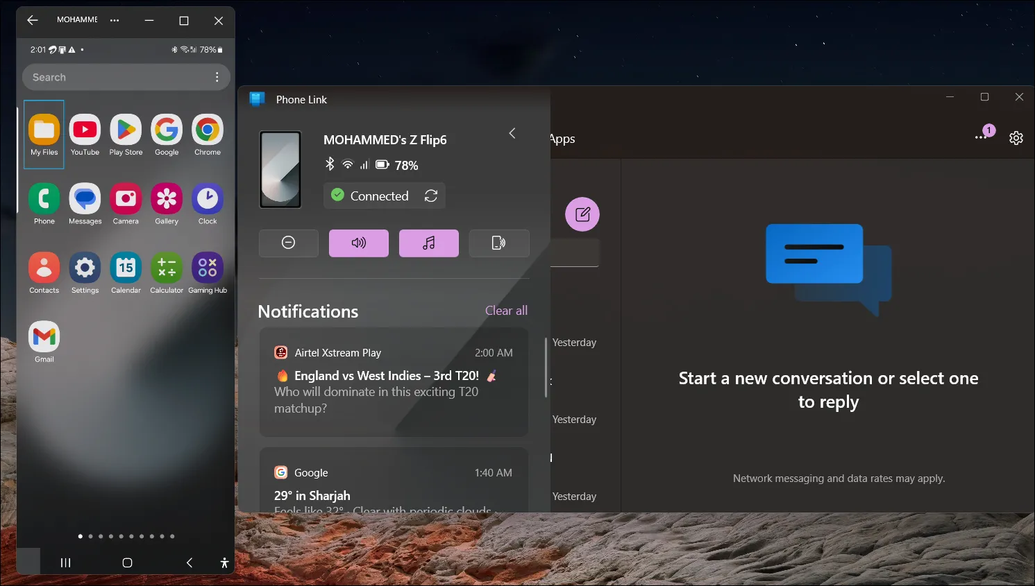 Giao diện ứng dụng Phone Link trên Windows 11 hiển thị tính năng phản chiếu màn hình điện thoại Samsung Galaxy