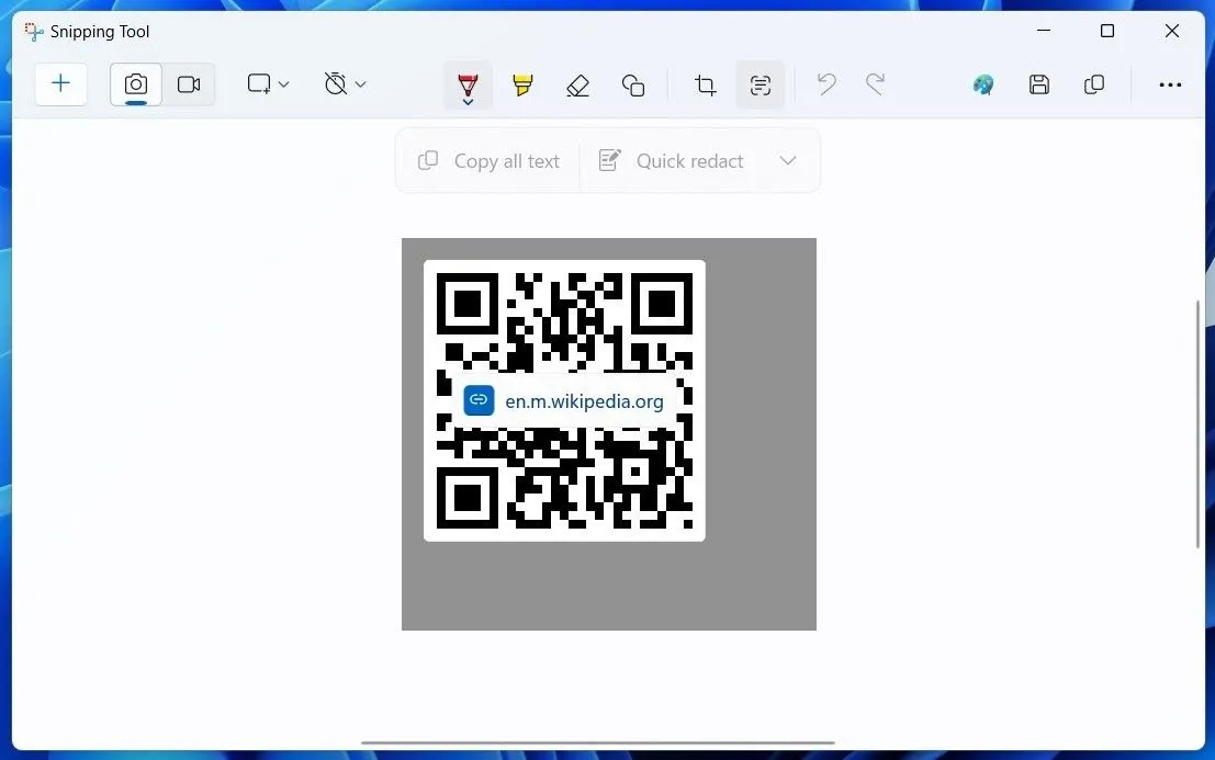 Giao diện ứng dụng Snipping Tool trên Windows 11 đang quét mã QR bằng tính năng văn bản