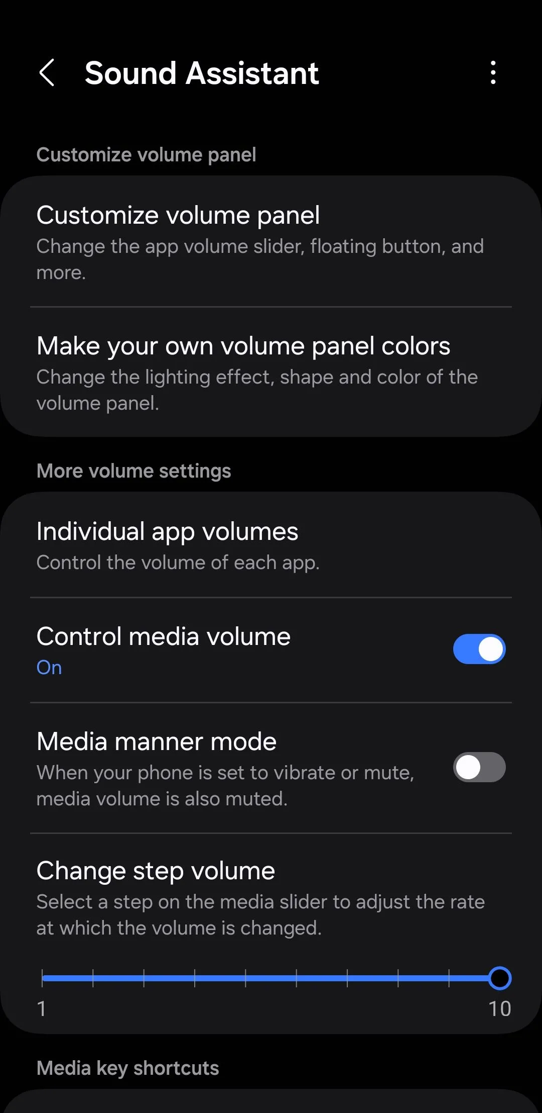 Giao diện ứng dụng Sound Assistant của Samsung, hiển thị mục cài đặt âm lượng riêng cho từng ứng dụng