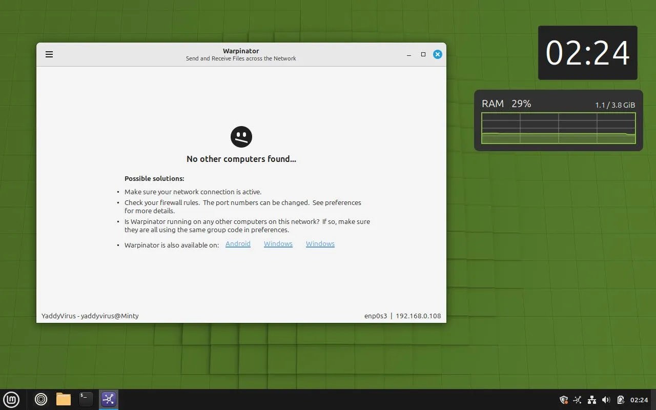 Giao diện Warpinator trên Linux Mint