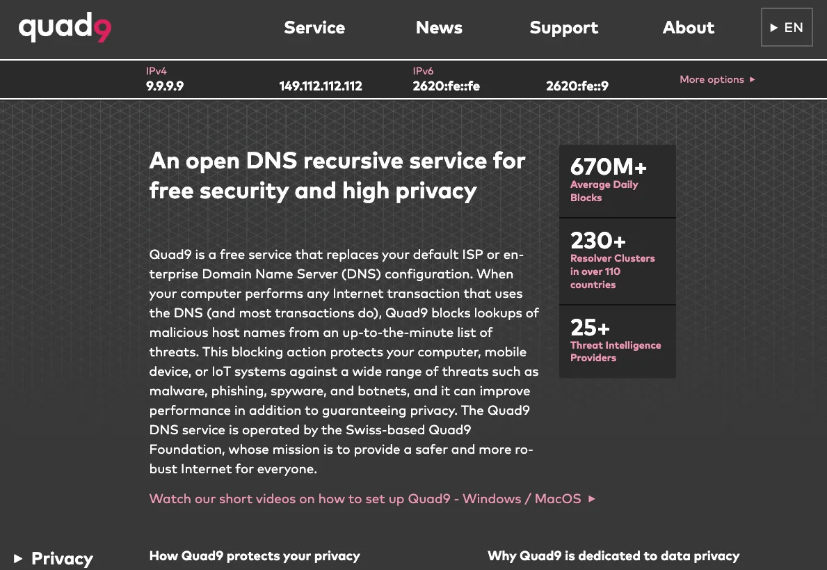 Giao diện website của dịch vụ phân giải DNS Quad9, hiển thị thông tin bảo mật