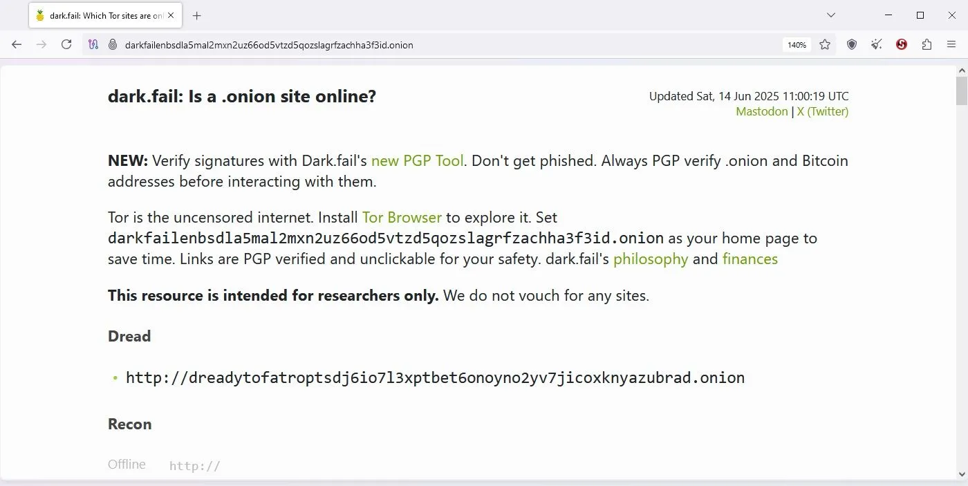 Giao diện website Dark Fail trên Tor Browser - một diễn đàn ẩn danh