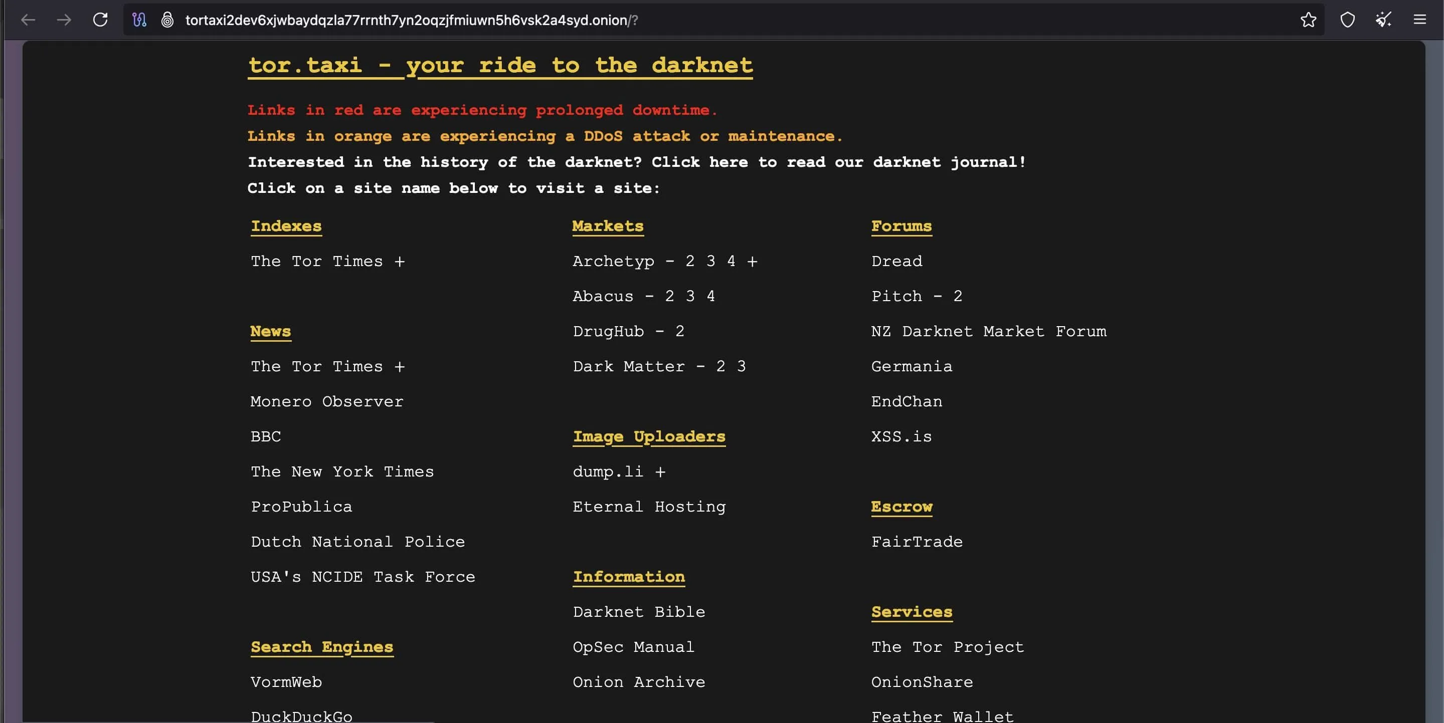 Giao diện website Tor.taxi, một trang .onion cung cấp danh bạ các dịch vụ và website trong Dark Web.