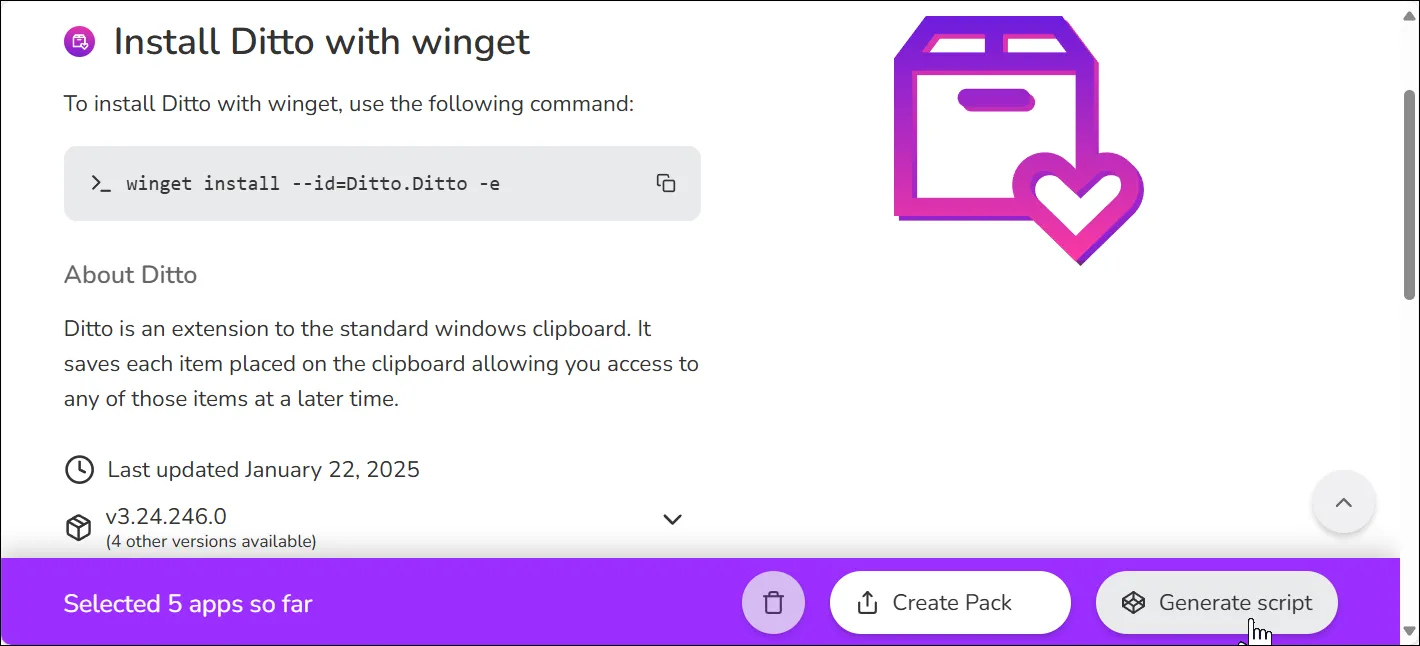 Giao diện website Winstall.app với tùy chọn tạo gói và tạo script cài đặt ứng dụng hàng loạt