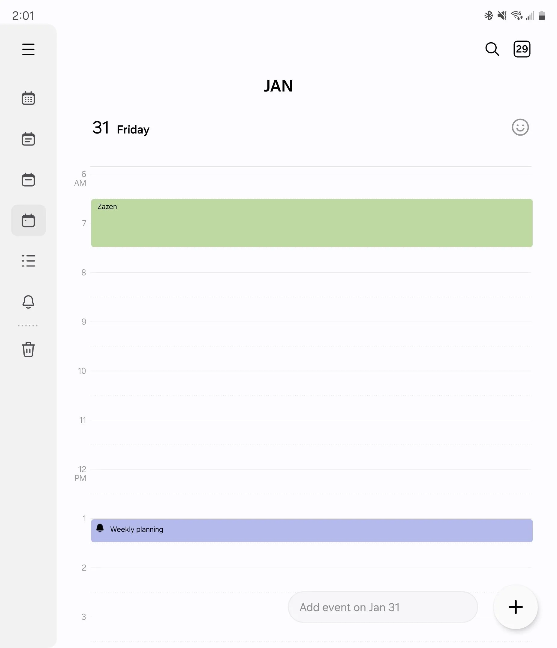 Giao diện xem ngày của Samsung Calendar hiển thị sự kiện và tác vụ từ Samsung Reminder