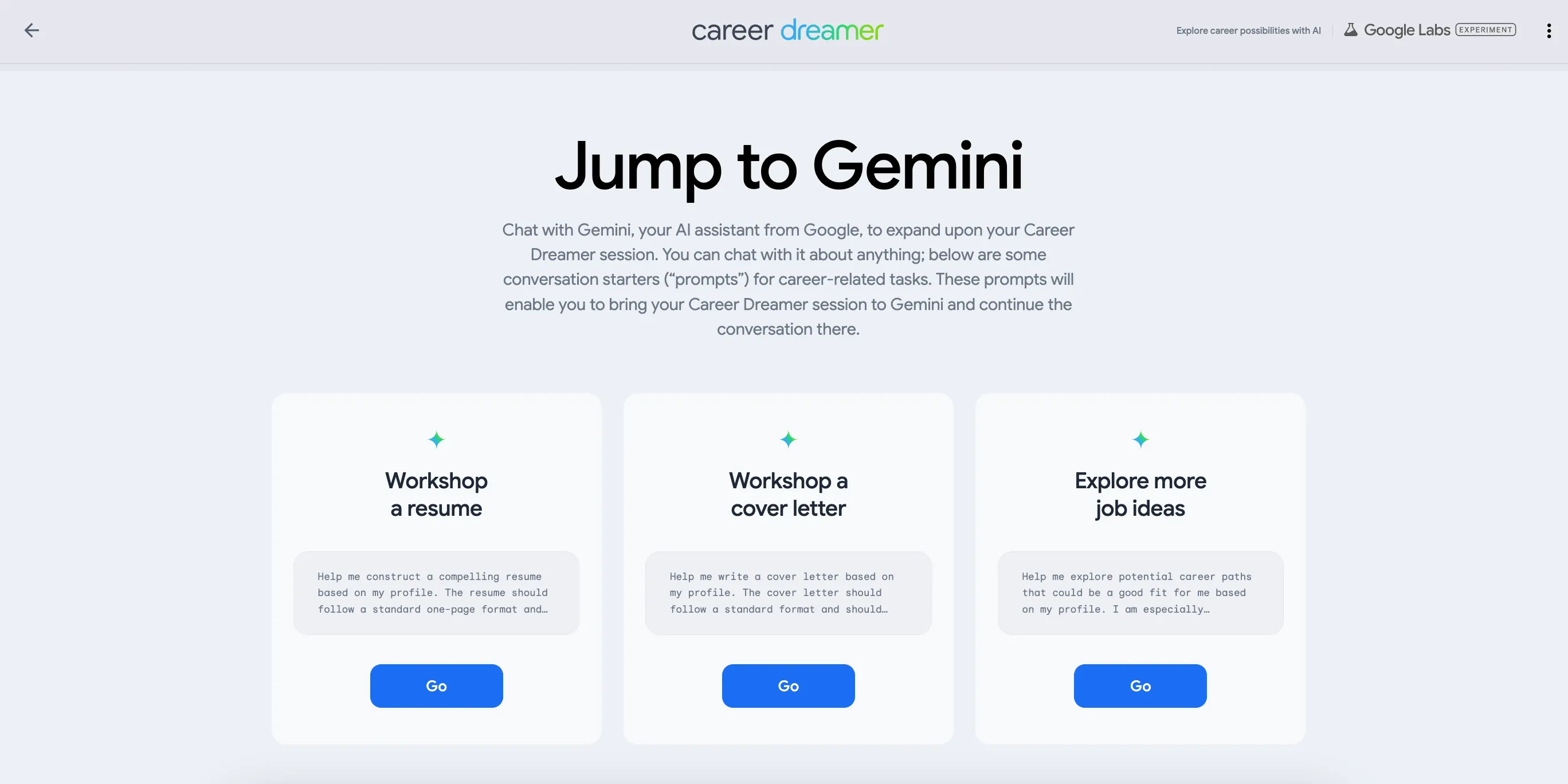 Google Career Dreamer cung cấp tùy chọn &quot;Jump to Gemini&quot; để hỗ trợ người dùng tạo sơ yếu lý lịch và thư xin việc