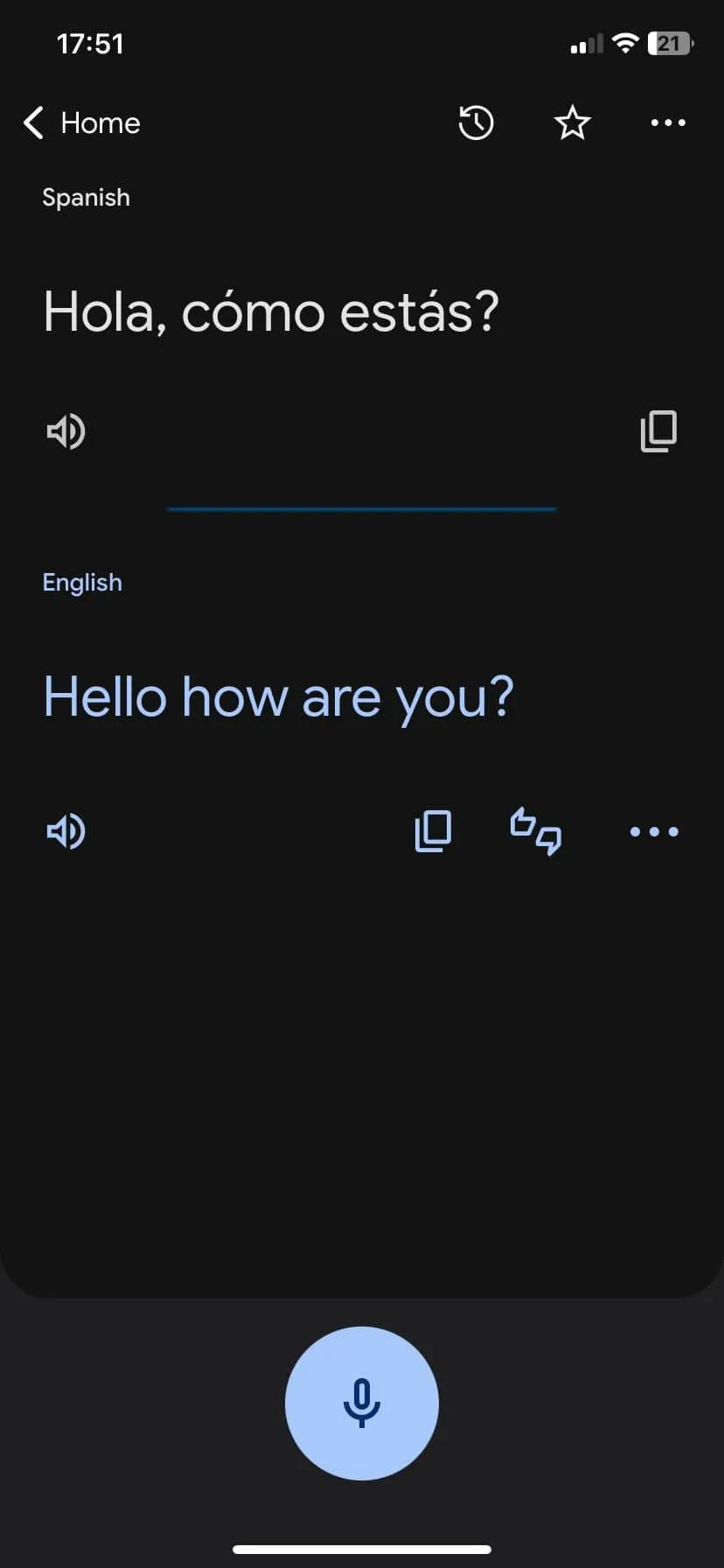 Google Dịch hiển thị lời chào bằng tiếng Anh và tiếng Tây Ban Nha