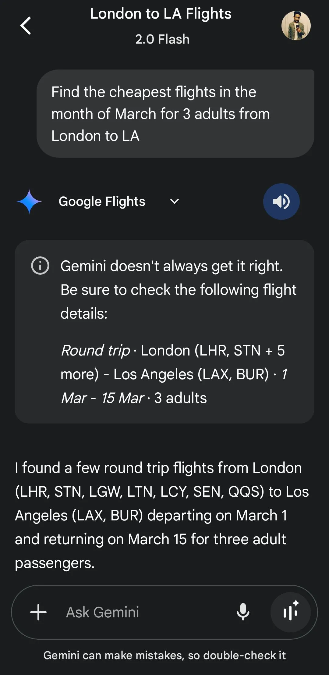 Google Gemini hiển thị thông tin chi tiết về các chuyến bay từ Google Chuyến bay để lập kế hoạch du lịch
