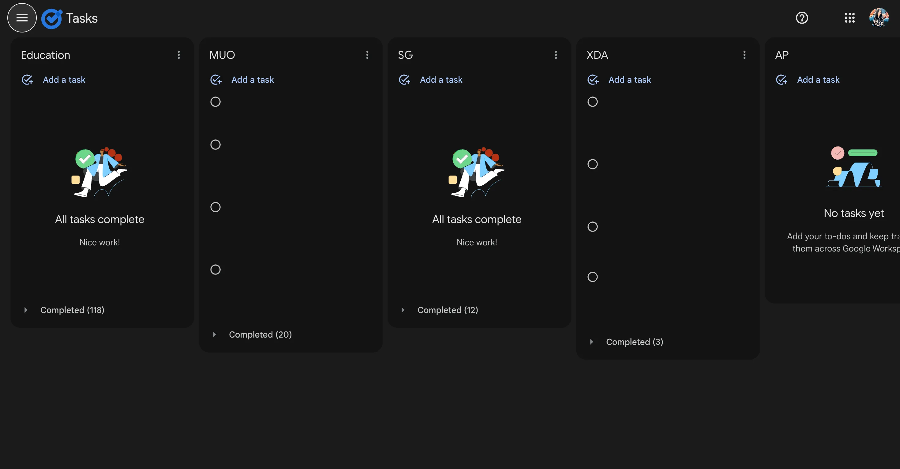 Google Tasks hiển thị các danh sách nhiệm vụ được phân loại rõ ràng