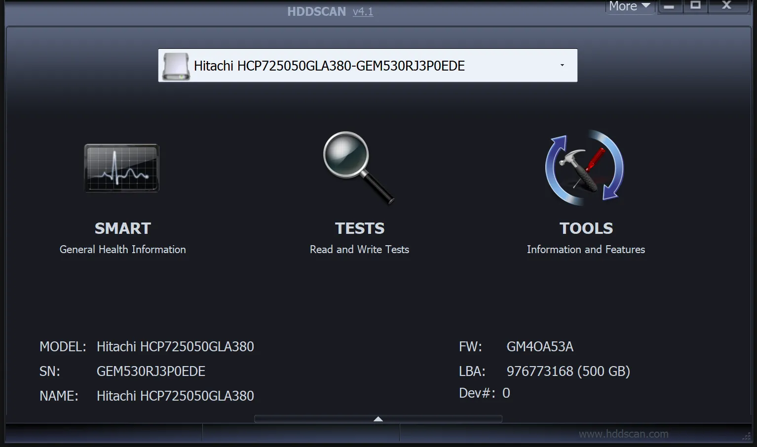 HDDScan showing basic info of detected hard drive.