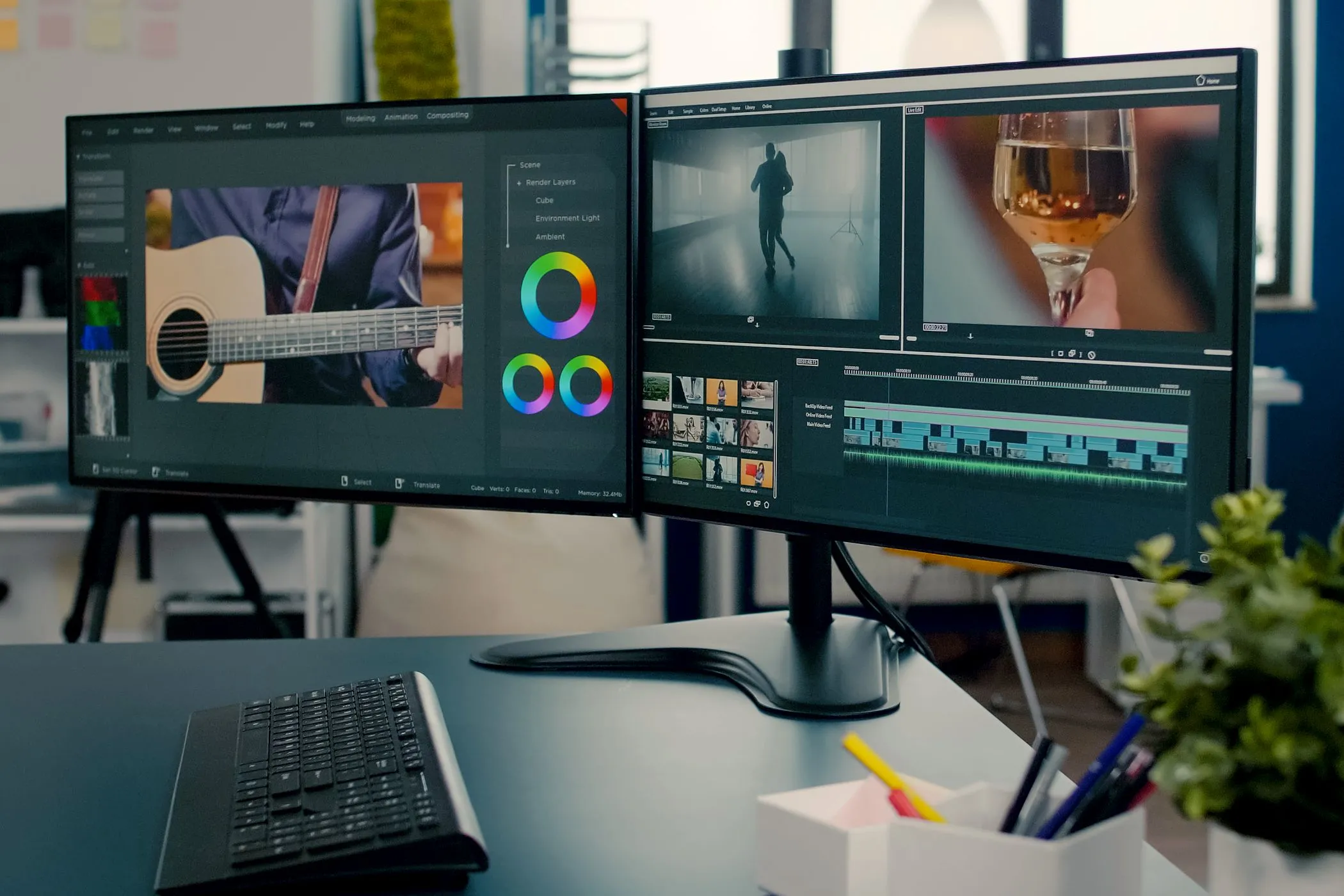 Hệ thống hai màn hình máy tính đang hiển thị phần mềm chỉnh sửa video, minh họa kết nối đa màn hình qua USB-C