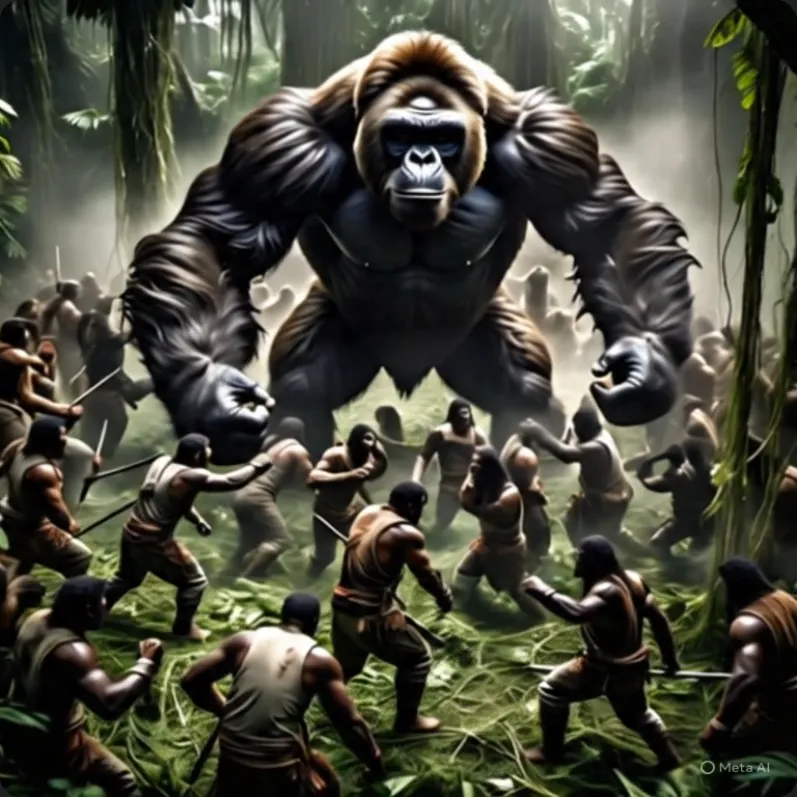 Hình ảnh 100 người đàn ông cầm giáo sẵn sàng chiến đấu với gorilla khổng lồ