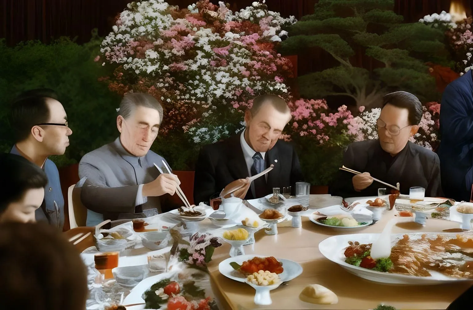 Hình ảnh AI mô phỏng cựu tổng thống Richard Nixon ăn tối cùng quan chức Trung Quốc, chất lượng ảnh thấp.