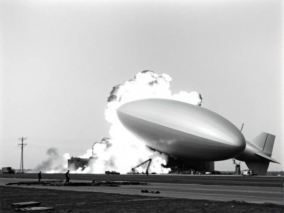 Hình ảnh AI mô tả cảnh tai nạn khinh khí cầu Hindenburg, với lửa bùng lên nhưng khí cầu vẫn nguyên vẹn.