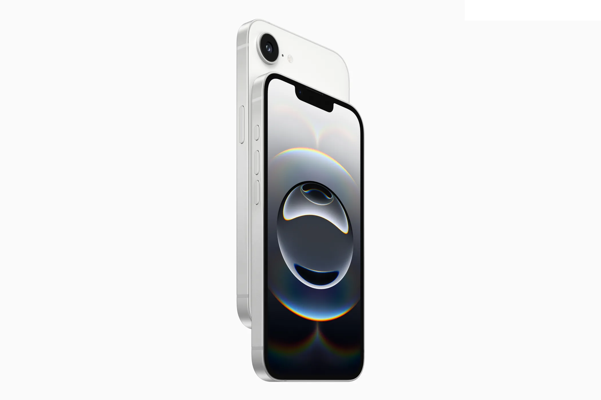 Hình ảnh điện thoại iPhone 16e màu trắng với thiết kế màn hình tai thỏ