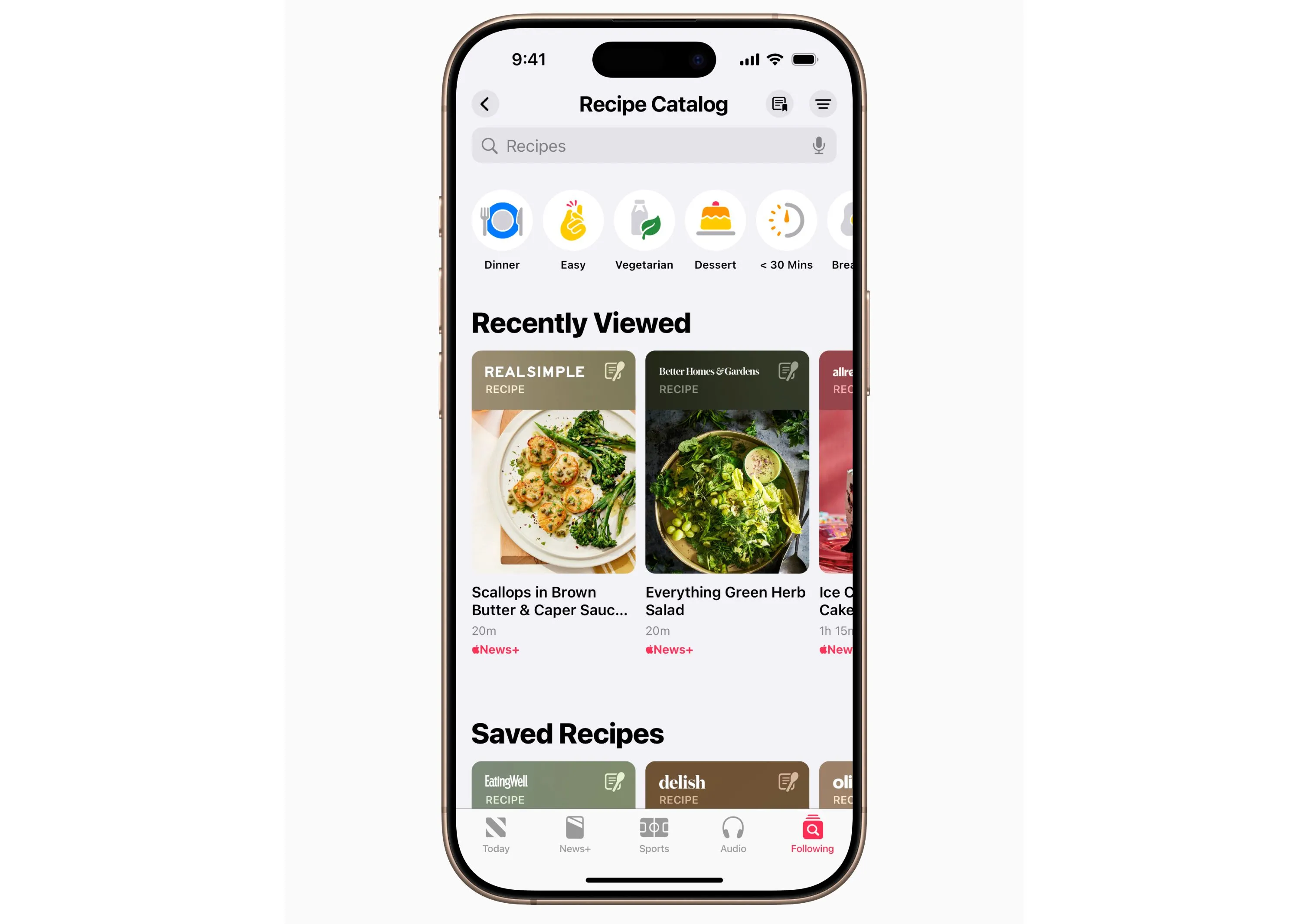 Hình ảnh minh họa Thư viện công thức của Apple News+ Food trên iPad, hiển thị các tùy chọn lọc và tìm kiếm món ăn.