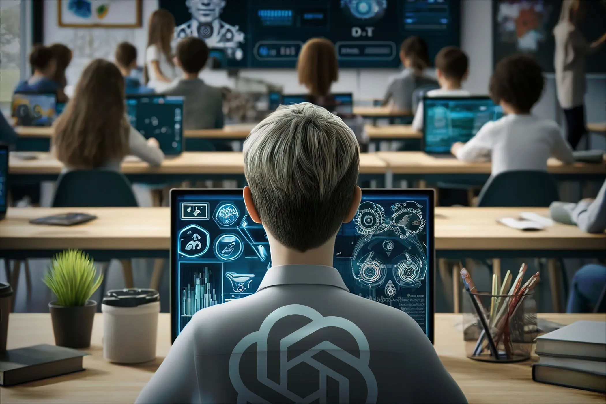 Hình ảnh phòng học do AI tạo ra minh họa quá trình học hỏi và xử lý dữ liệu của AI Agents