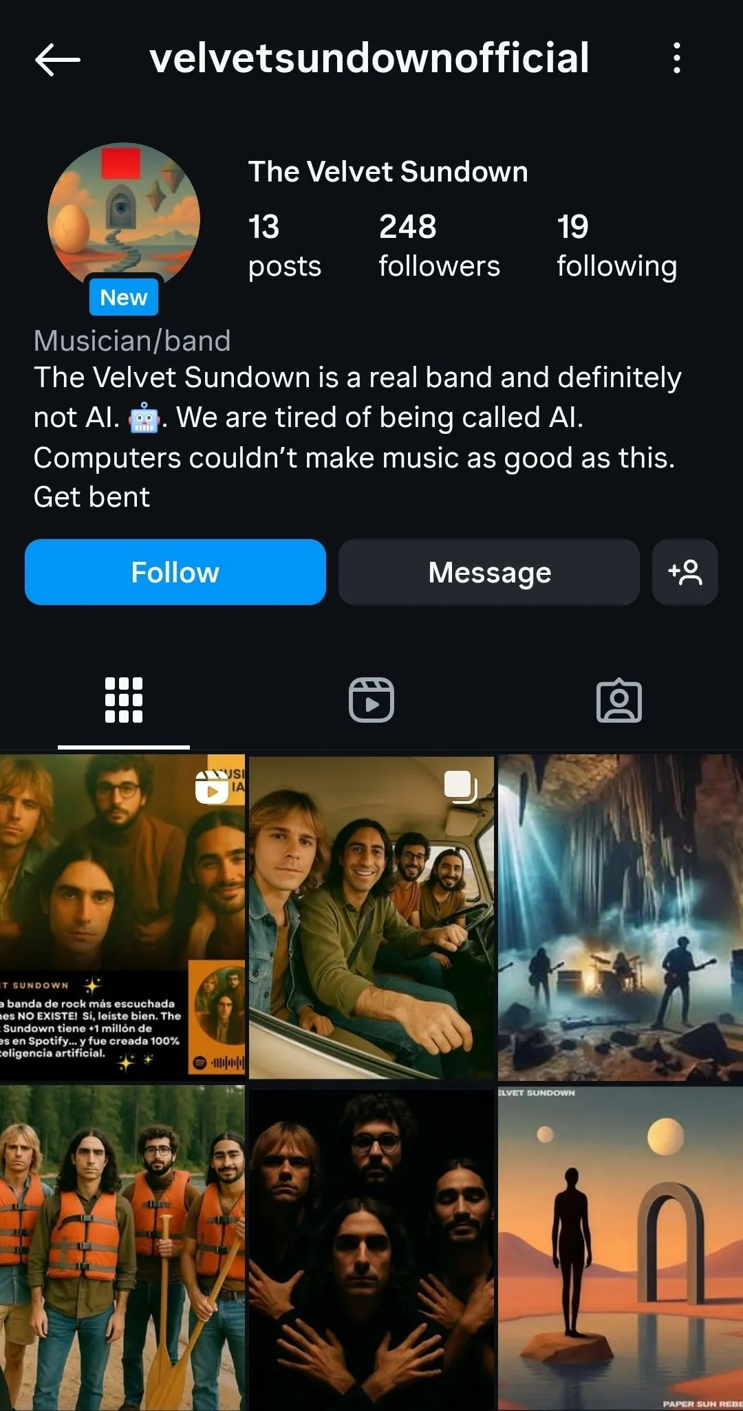 Hồ sơ Instagram của The Velvet Sundown, một dự án âm nhạc AI viral trên Spotify, với thông tin sơ sài.