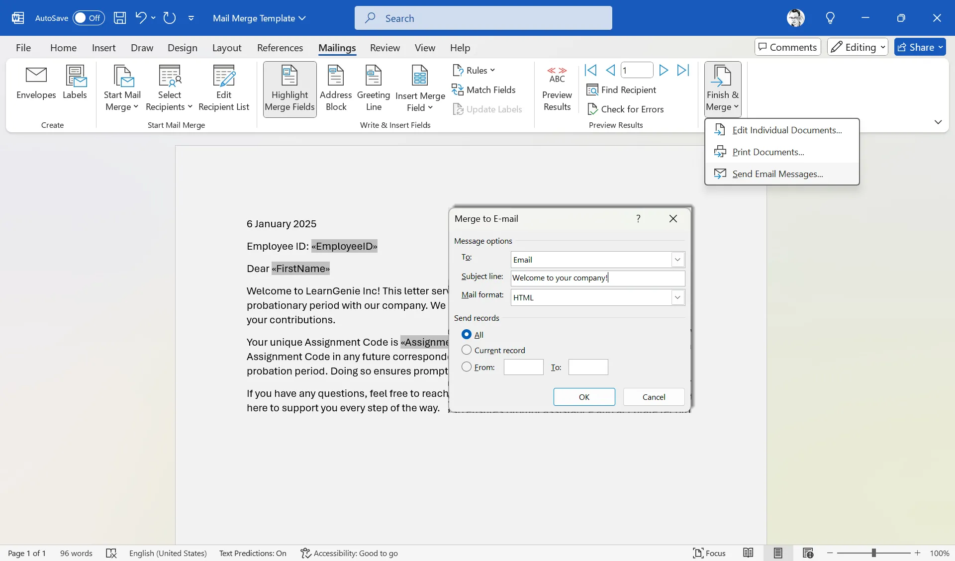 Hoàn tất quá trình trộn thư trong Word và gửi email cá nhân hóa qua Outlook.