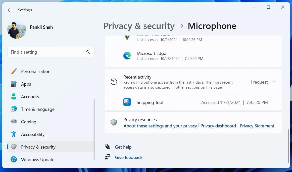 Hoạt động microphone gần đây trong cài đặt Windows 11