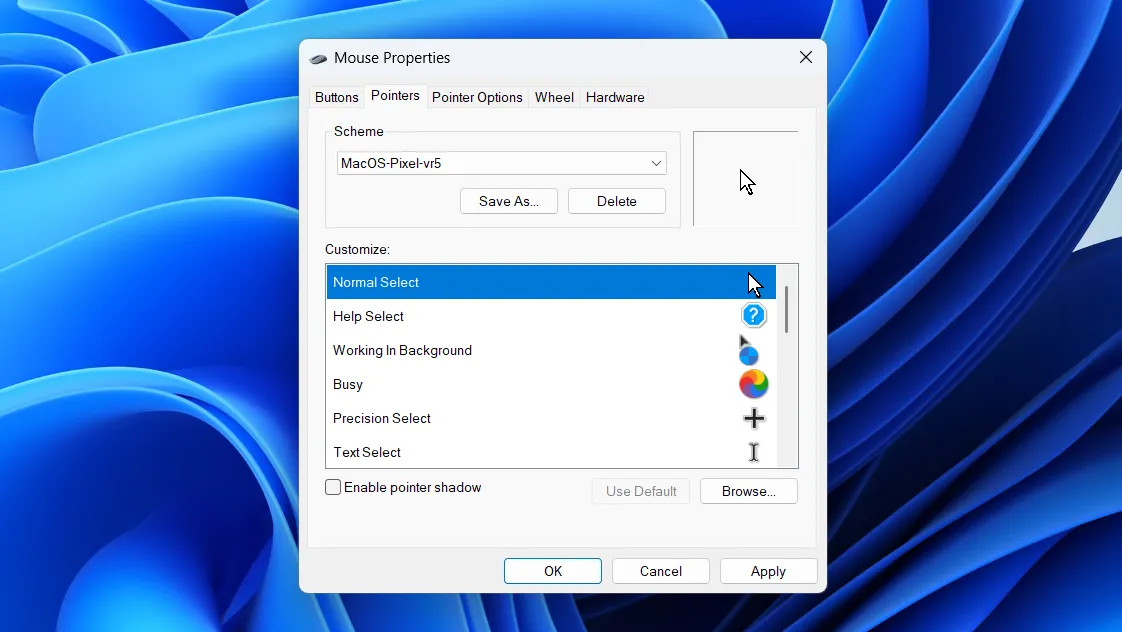Hộp thoại cài đặt con trỏ chuột trong Windows 11, hiển thị các tùy chọn tùy chỉnh