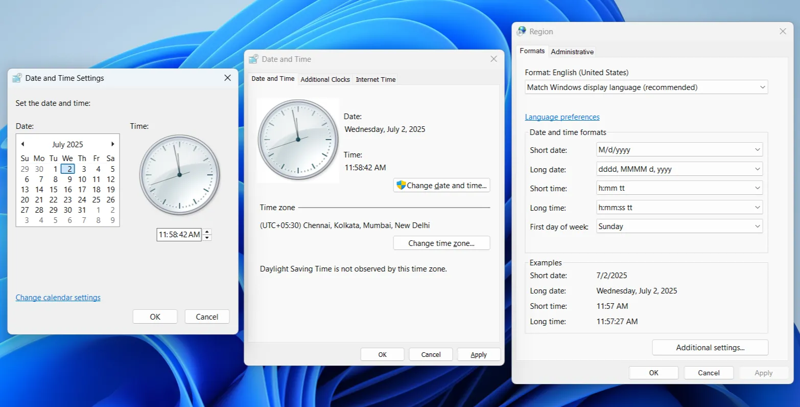 Hộp thoại cài đặt ngày và giờ cổ điển trên Windows, cho phép điều chỉnh múi giờ và định dạng