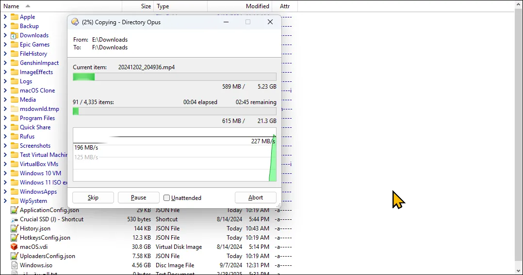 Hộp thoại chuyển tệp trong Opus Directory trên Windows 11