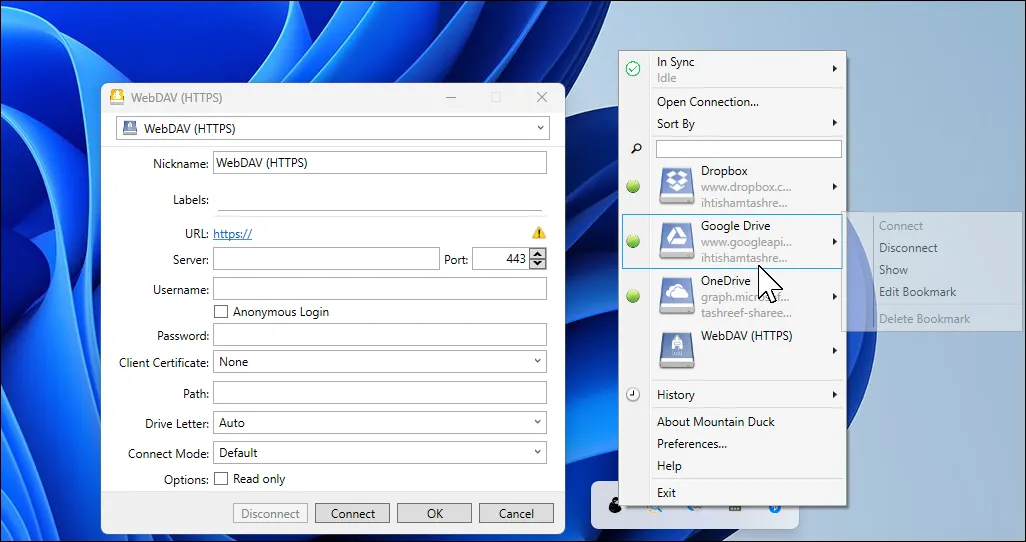 Hộp thoại &quot;Open Connection&quot; của Mountain Duck trên Windows 11, cho phép người dùng cấu hình kết nối đám mây với các chế độ đồng bộ.