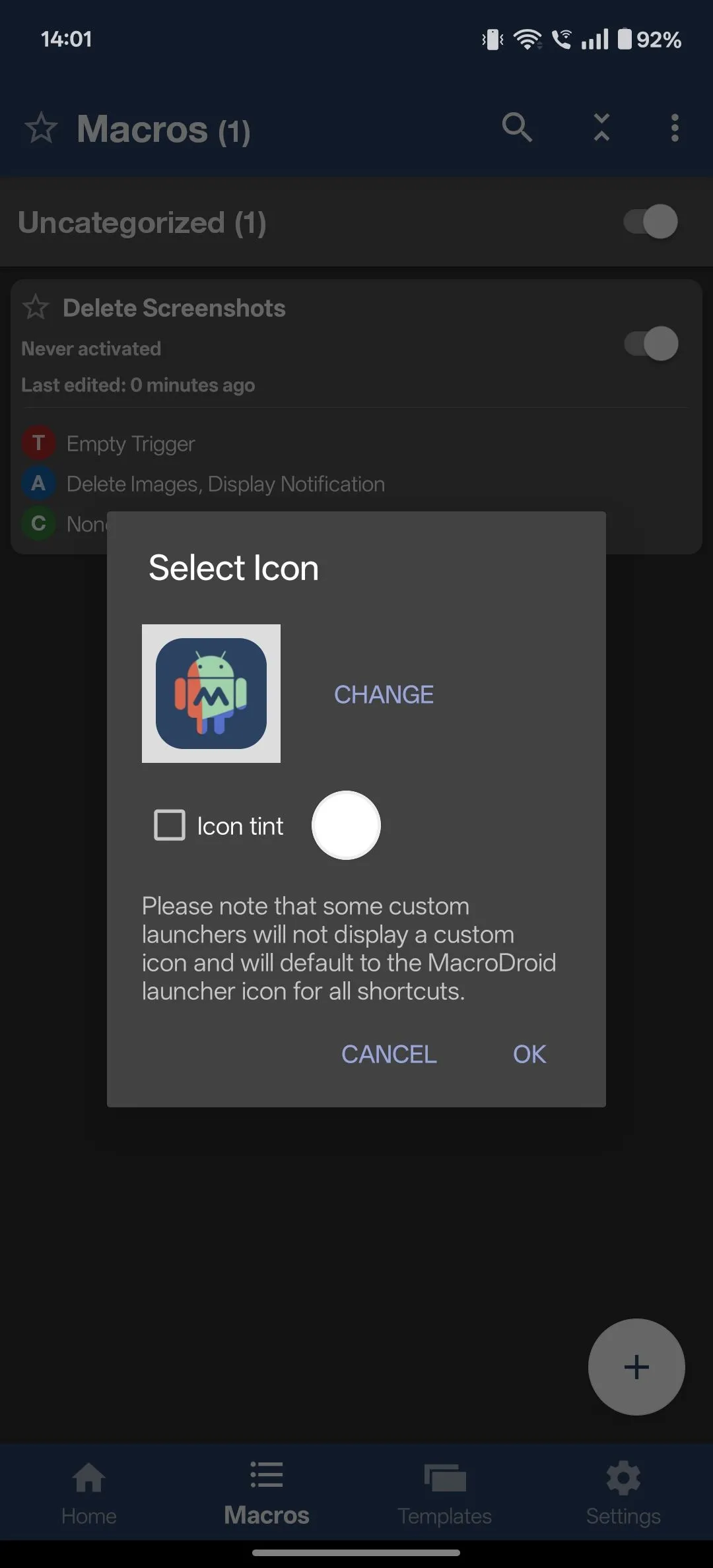 Hộp thoại tạo lối tắt ra màn hình chính cho macro MacroDroid, giúp người dùng dễ dàng truy cập và kích hoạt việc xóa ảnh chụp màn hình.