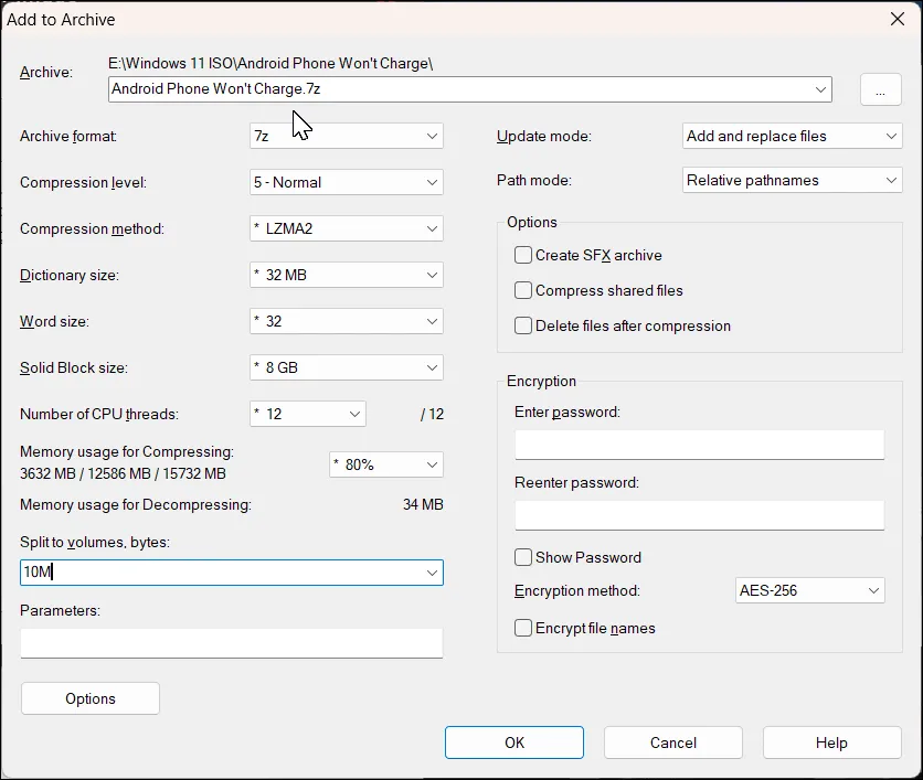 Hộp thoại 'Thêm vào kho lưu trữ' của 7-Zip trên Windows 11 với tùy chọn chia nhỏ dung lượng 20MB