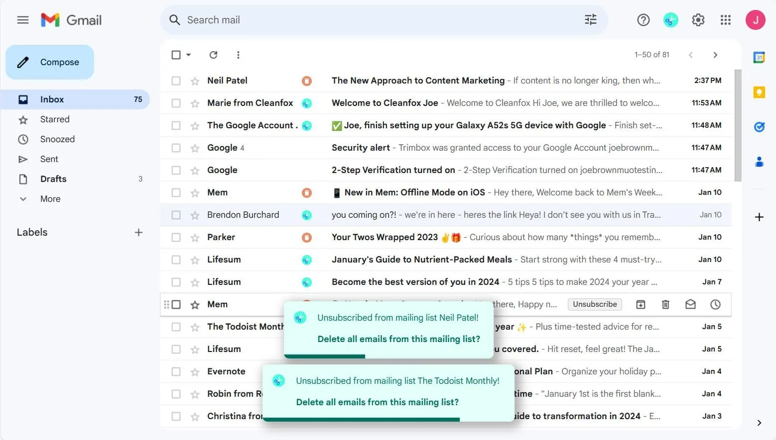 Hộp thư đến Gmail sạch sẽ với các tùy chọn xóa và hủy đăng ký email.