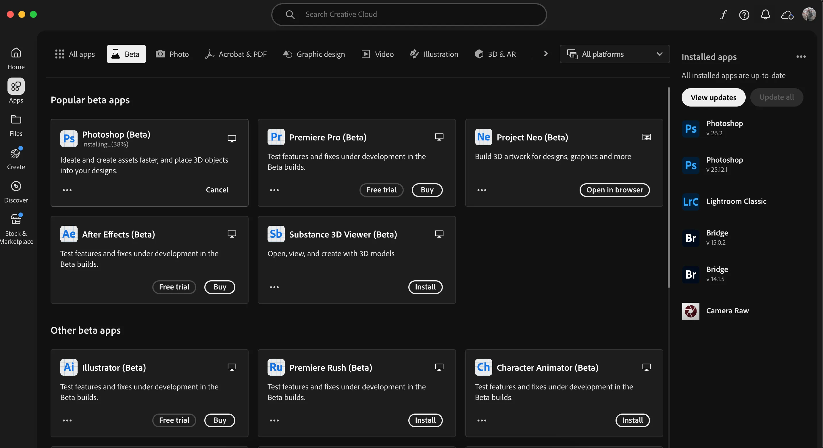 Hướng dẫn tải Photoshop Beta qua ứng dụng Adobe Creative Cloud để truy cập Generative Workspace