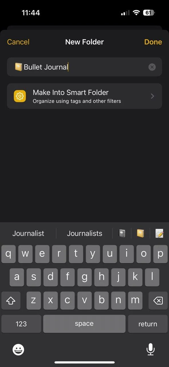 Hướng dẫn tạo thư mục 'Bullet Journal' trong ứng dụng Apple Notes để tổ chức ghi chú năng suất.