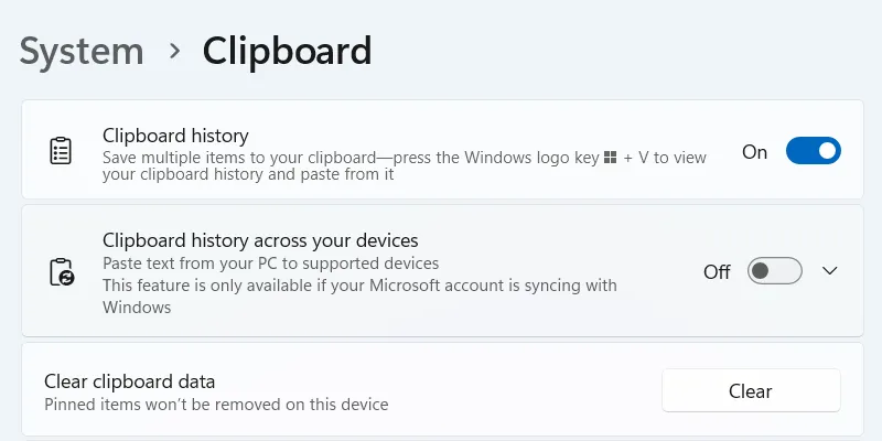 Hướng dẫn tắt tính năng đồng bộ lịch sử clipboard qua đám mây trên Windows 11