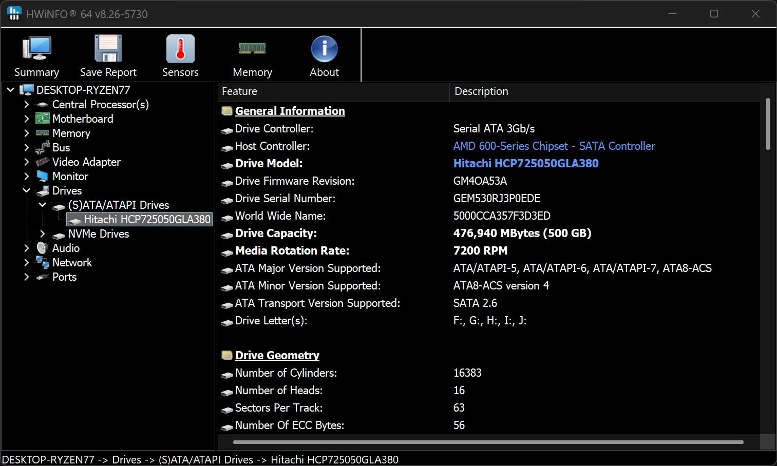 HWiNFO showing SATA drive features.
