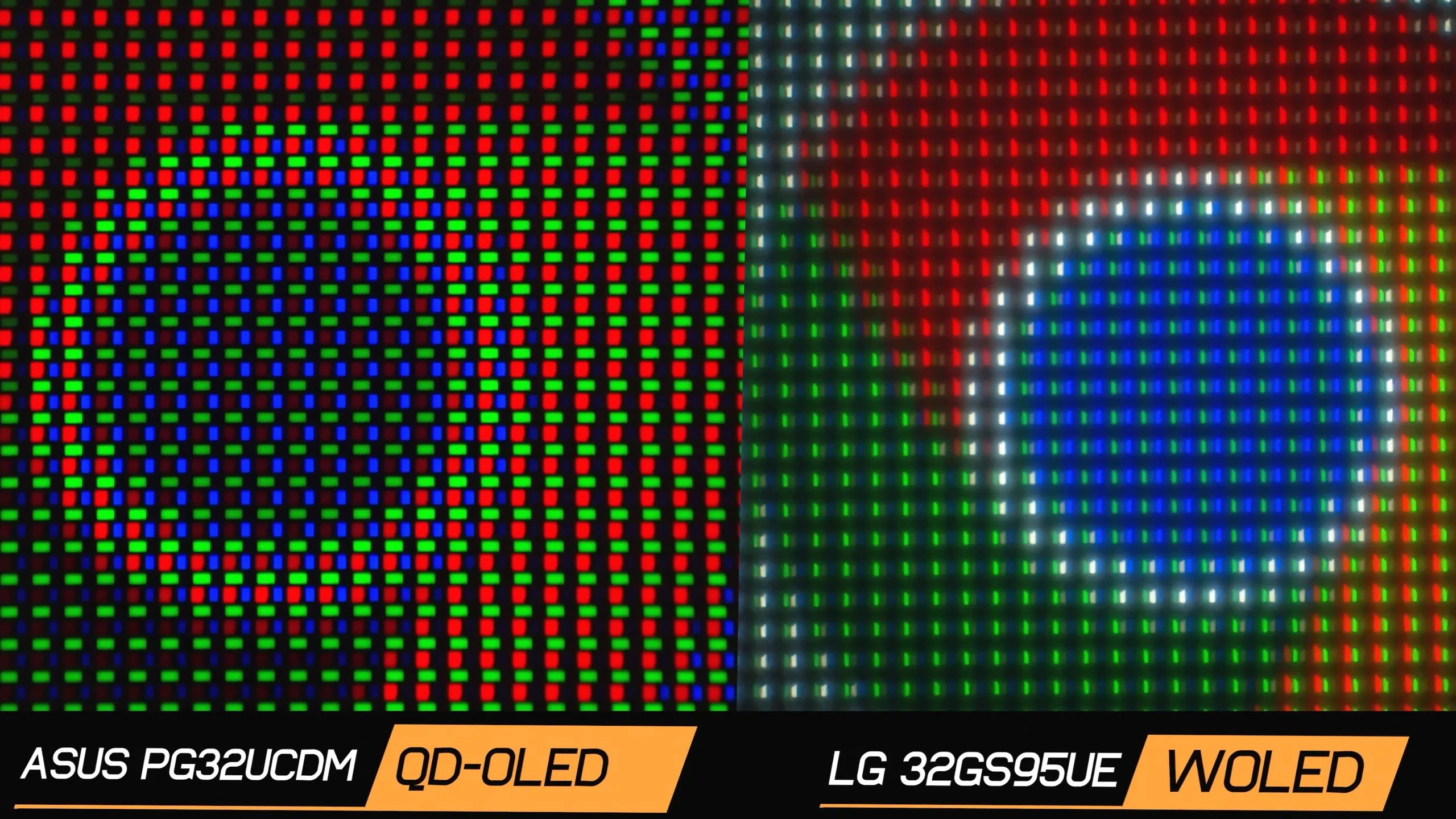 Kết cấu sắp xếp điểm ảnh phụ (subpixel) của tấm nền OLED trên màn hình Asus và LG