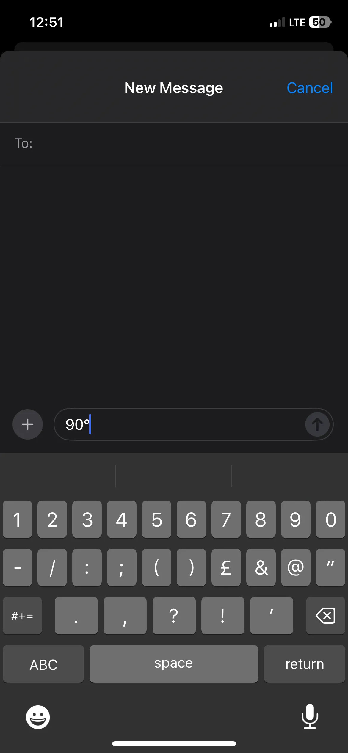 Kết quả &quot;90°&quot; được gõ thành công trong ứng dụng Tin nhắn trên iPhone, sử dụng thủ thuật ký hiệu độ.