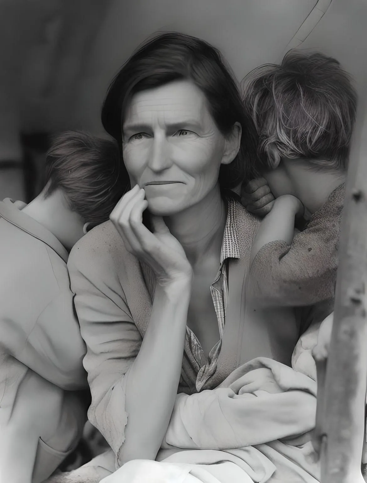Kết quả AI khi dùng ảnh &quot;Migrant Mother&quot; làm đầu vào, cho thấy bố cục tốt hơn nhưng chất lượng giảm.