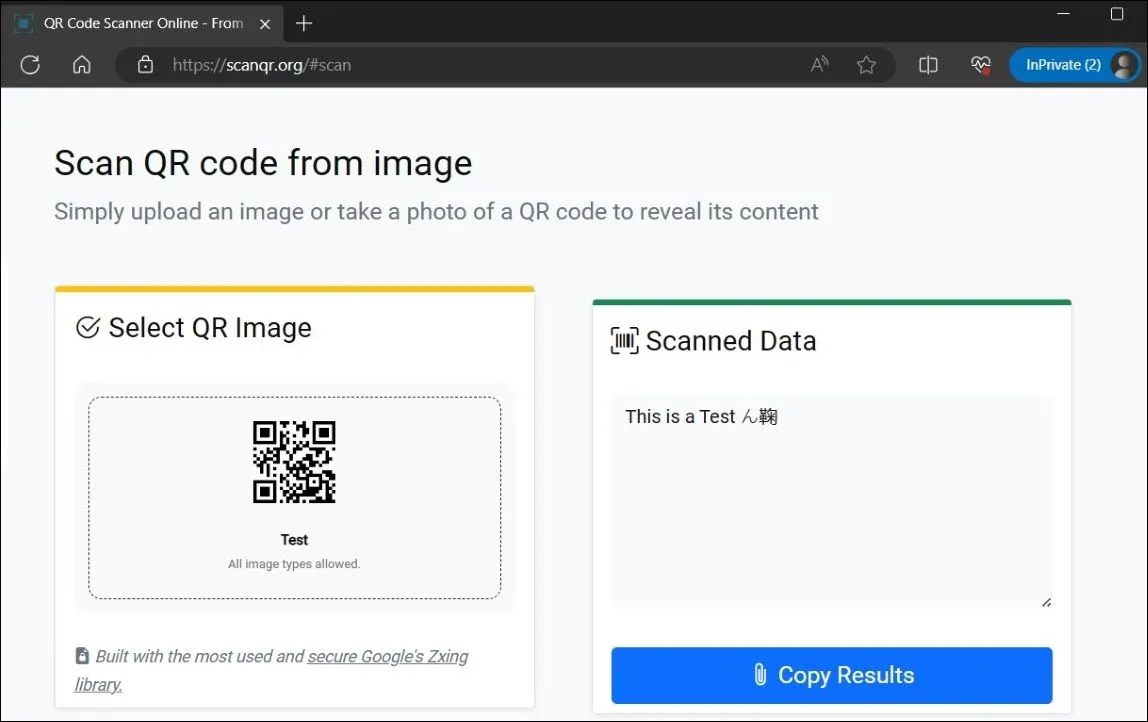 Kết quả quét mã QR từ ảnh trên trang web ScanQR, hiển thị dữ liệu đã quét