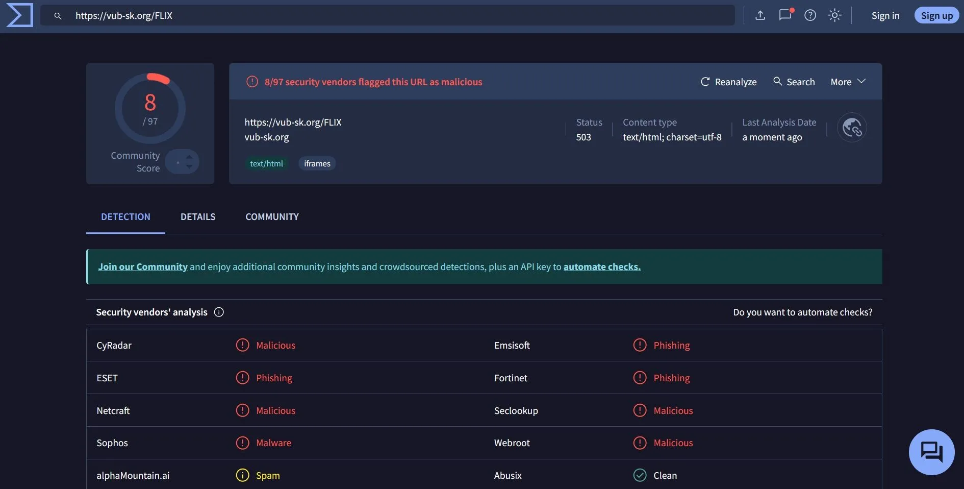 Kết quả quét VirusTotal cho thấy đường link Netflix giả mạo là độc hại
