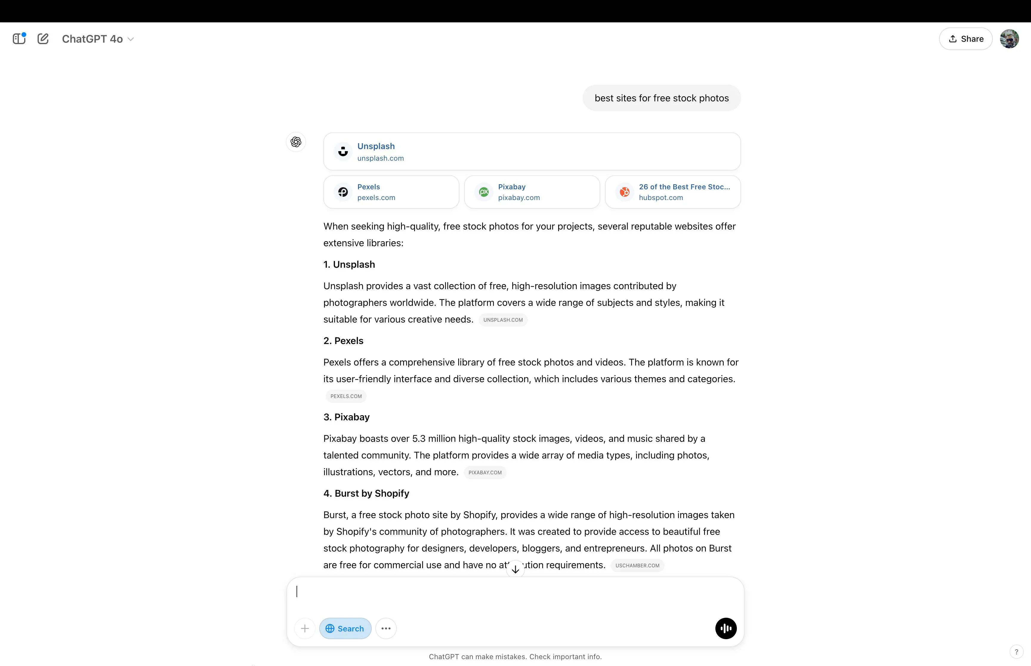 Kết quả tìm kiếm trên ChatGPT cho &quot;Best sites for free stock photos&quot; hiển thị danh sách các trang web như Unsplash và Pexels kèm mô tả.