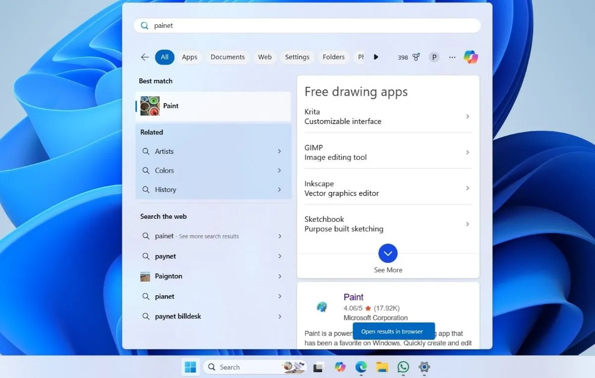 Kết quả tìm kiếm trên Start Menu Windows 11