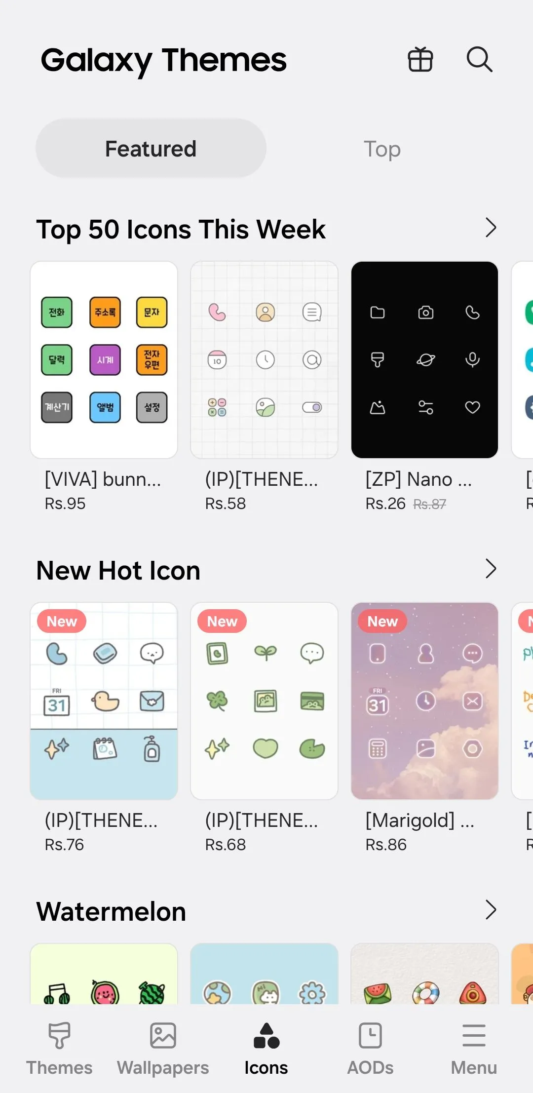 Kho chủ đề Galaxy Themes hiển thị các gói biểu tượng ứng dụng để tải về&quot;