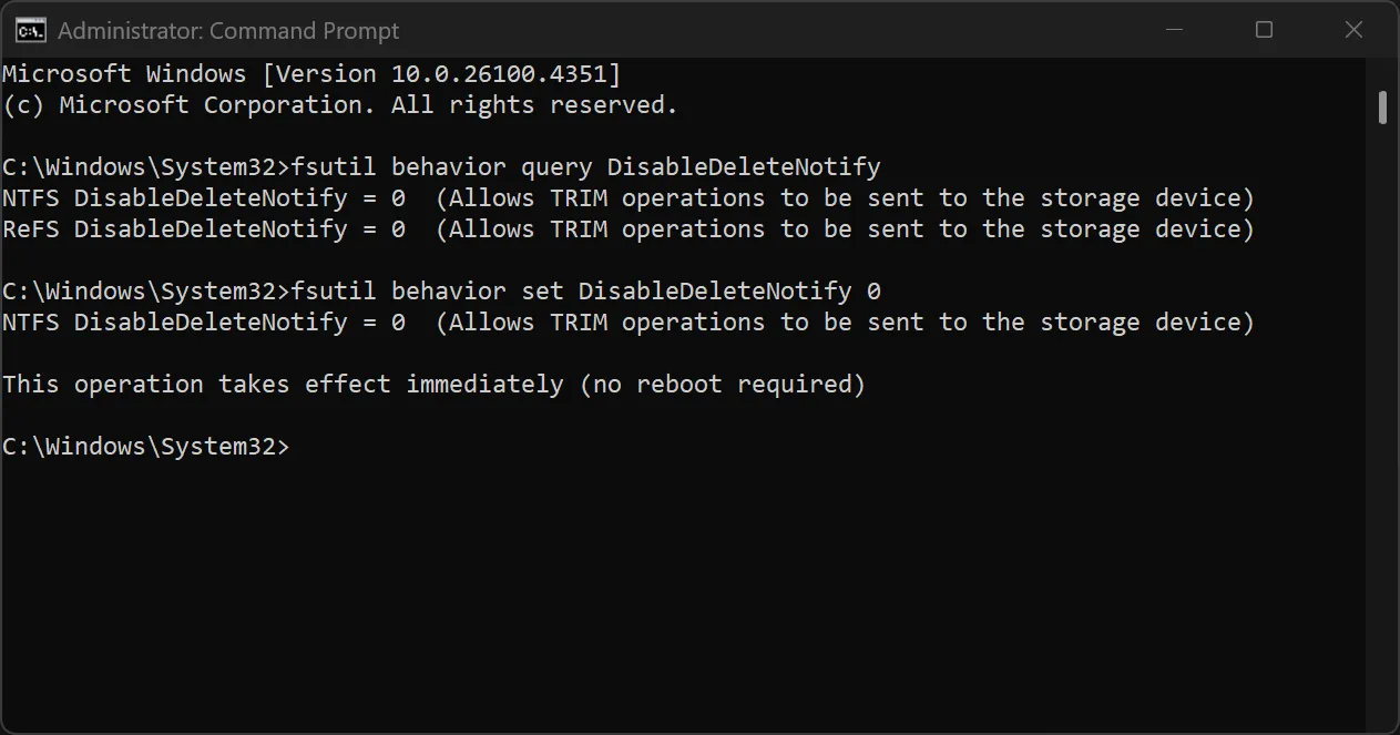 Kiểm tra trạng thái tính năng TRIM trên ổ SSD bằng Command Prompt
