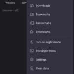 Kiwi Browser menu chính trên Android hiển thị tùy chọn Extensions và Developer Mode.