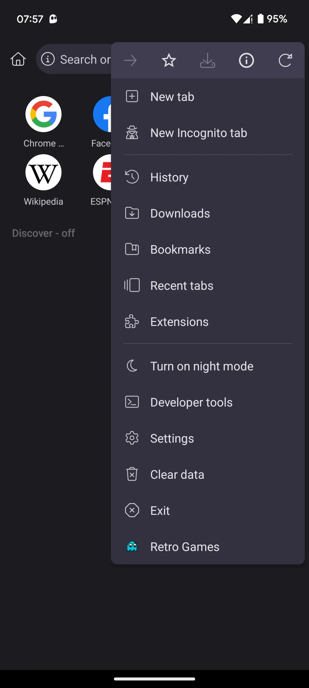 Kiwi Browser menu chính trên Android hiển thị tùy chọn Extensions và Developer Mode.