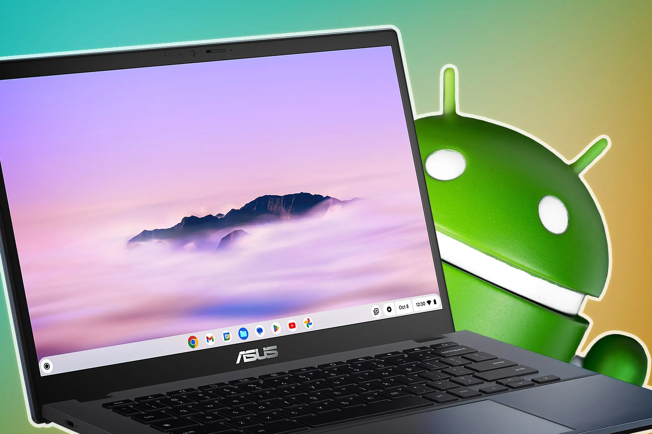 Laptop ASUS Chromebook với logo Android, biểu thị khả năng chạy ứng dụng Android và Linux