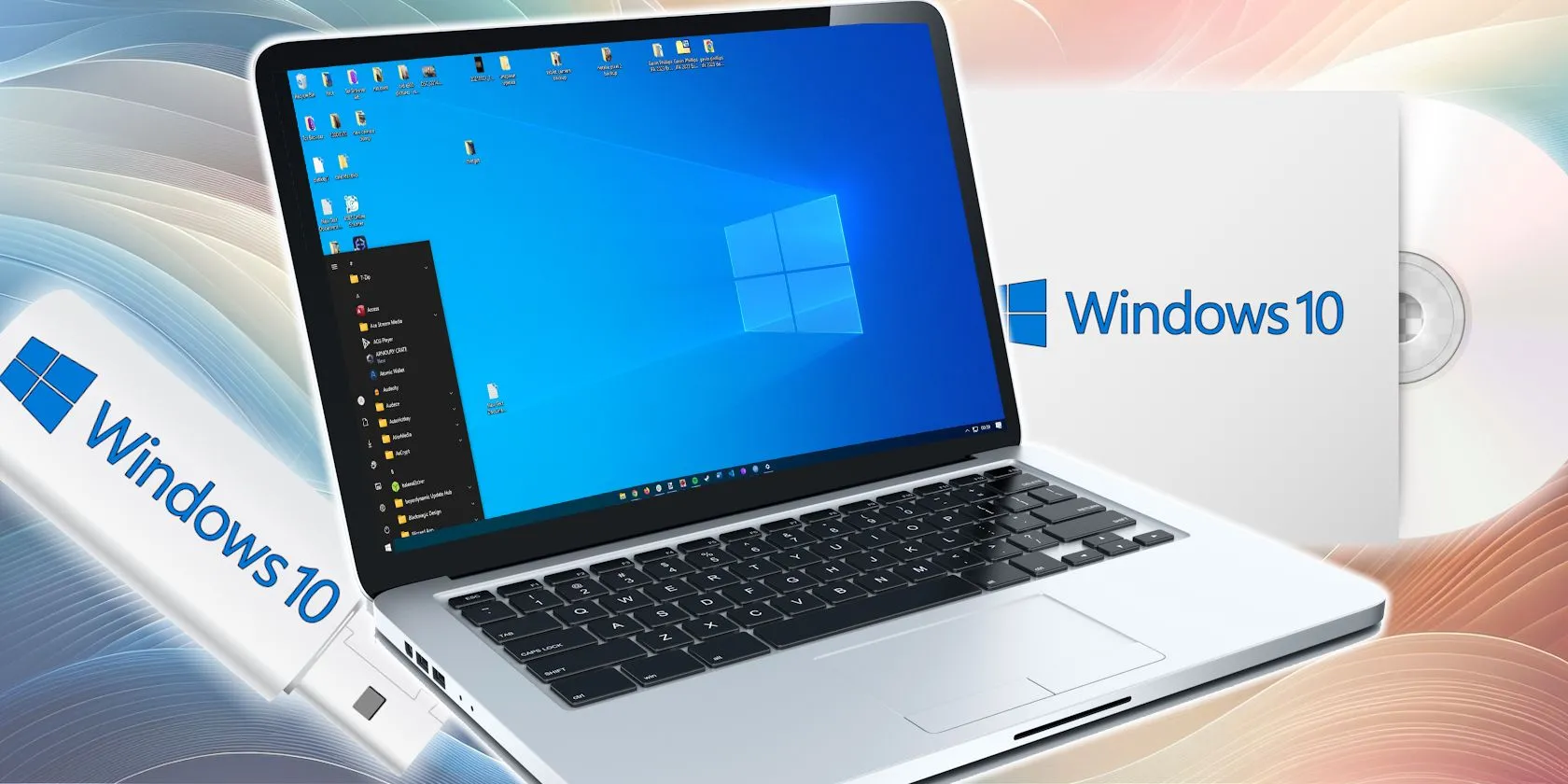Laptop chạy Windows 10 cùng đĩa cài đặt và USB, thể hiện sự kết thúc vòng đời sản phẩm