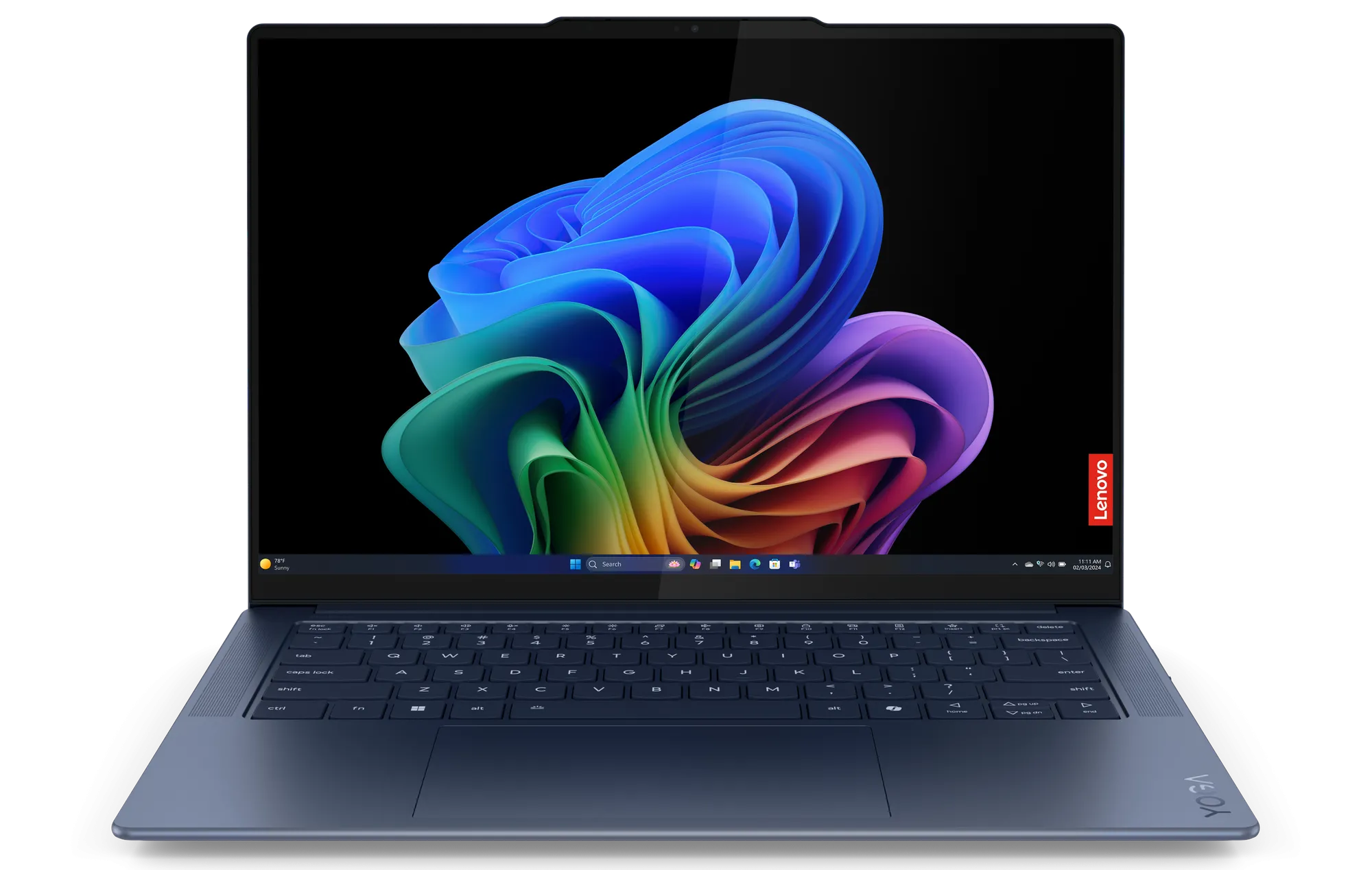 Laptop Lenovo Yoga Slim 7x Gen 9 màu bạc với màn hình OLED hiển thị desktop Windows